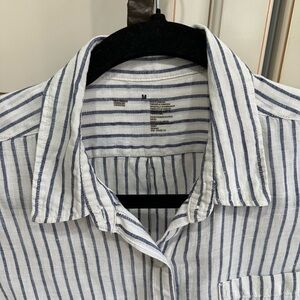 Muji Washed Linen Regular Collar Long Sleeve Striped Shirt